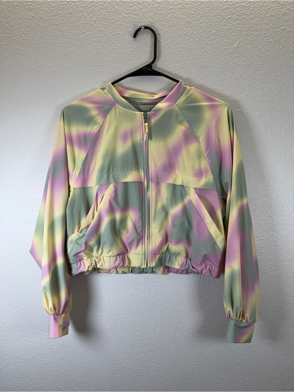 Athleta Pastel Tie-Dye Bomber Jacket in Mint, Pink & Yellow